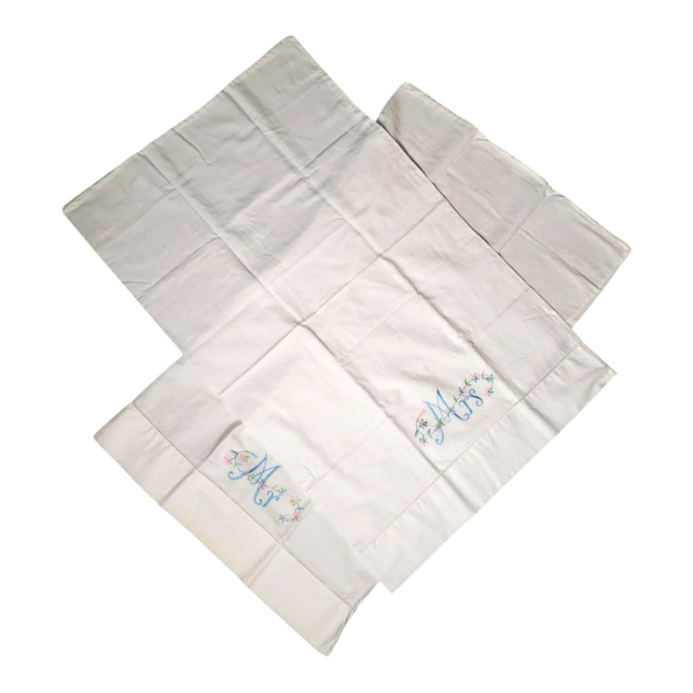 Wedding Linens Bridal Shower Mr Mrs Embroidered Cotton Pillow Cases Lattice Set